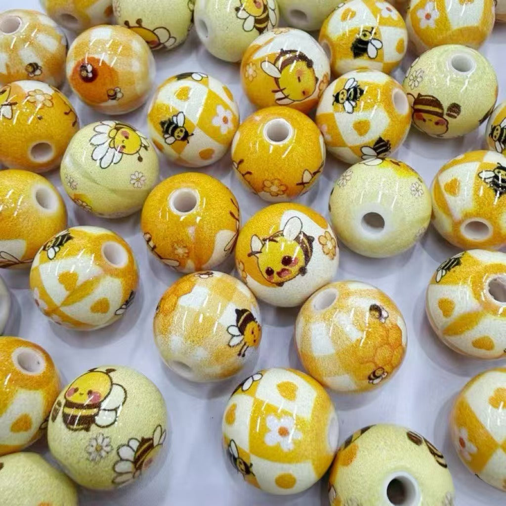 16mm one bag/200pieces through-hole painted and printed little bee acrylic bead necklace DIY phone chain keychain accessory
