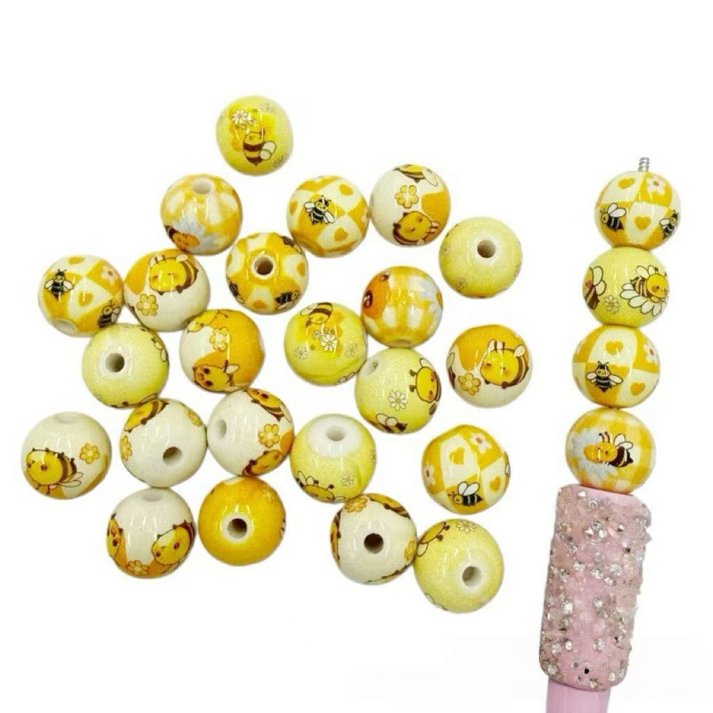 16mm one bag/200pieces through-hole painted and printed little bee acrylic bead necklace DIY phone chain keychain accessory