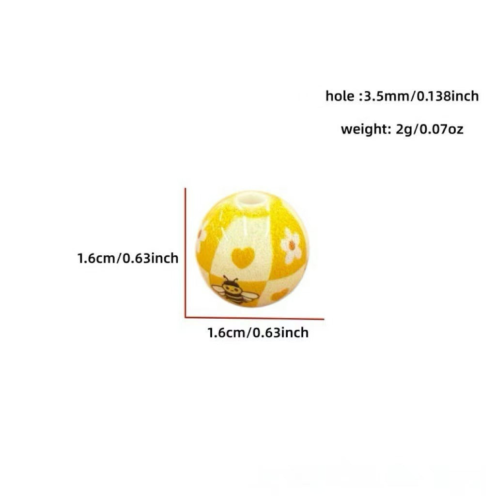 16mm one bag/200pieces through-hole painted and printed little bee acrylic bead necklace DIY phone chain keychain accessory