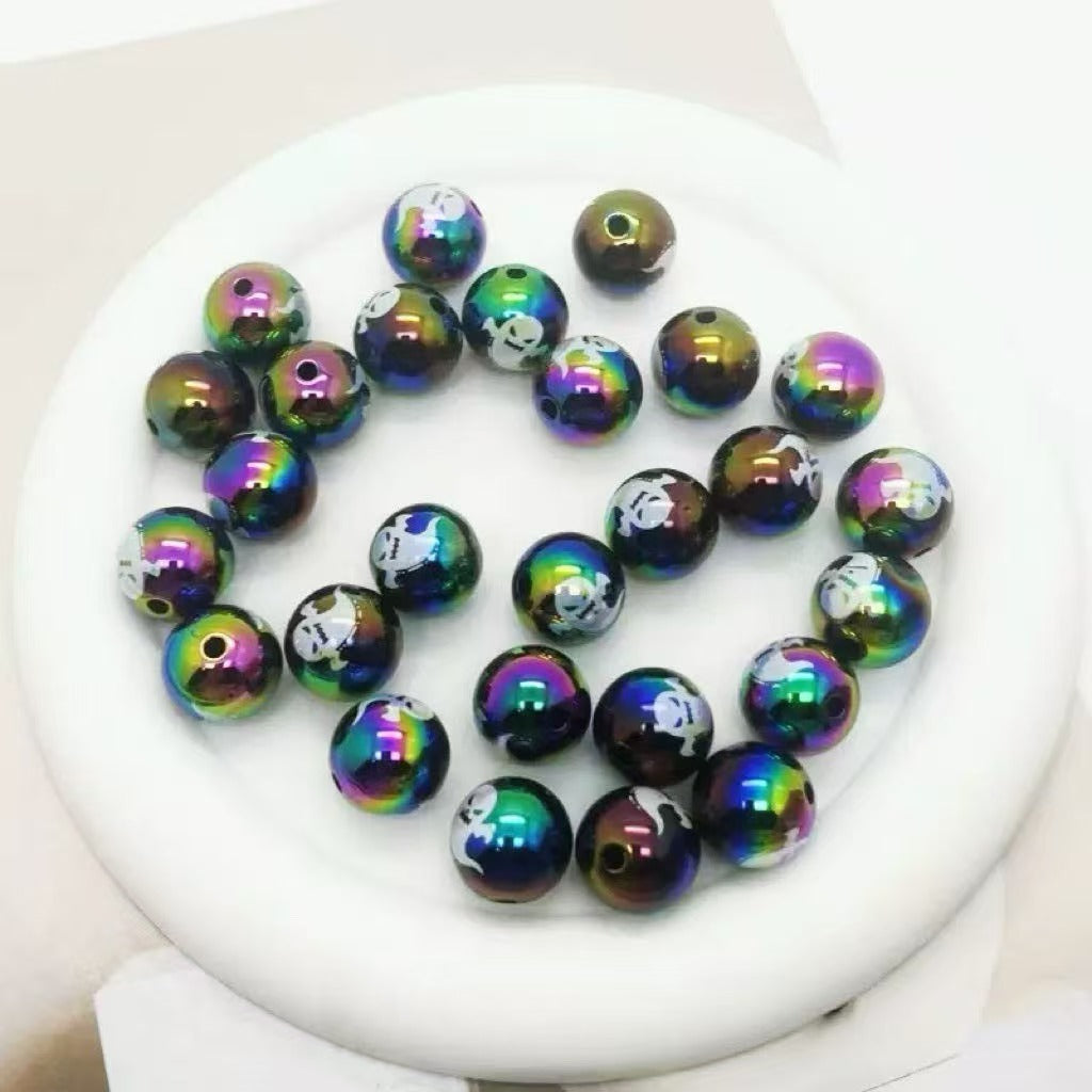 A pack of 100 acrylic Halloween printed UV-coated colored straight-hole beads for DIY beaded pens, phone chains, keychains, and other accessories